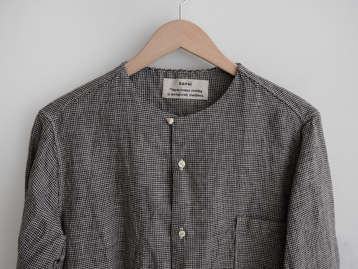 Kaval, Collarless Linen Shirt - Black Check - MAKIE